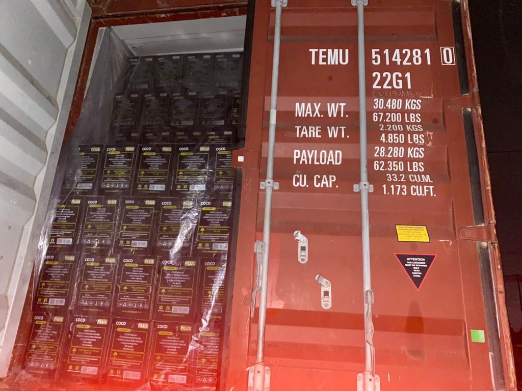 20ft export container fully loaded with Indonesian coconut charcoal briquette cartons